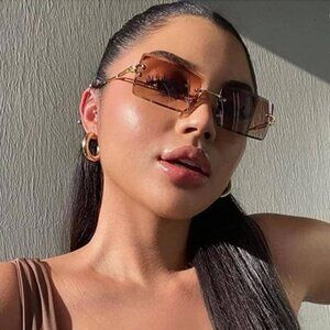Retro Brown Clear Ombre Rimless Rectangle Square Sunglasses Vintage Shades